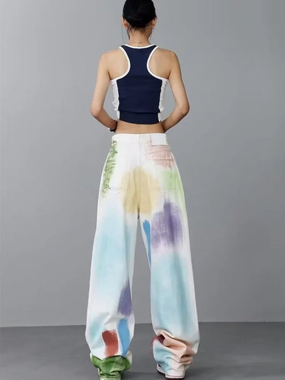 Personalized Graffiti High Waist Slim Hand-painted Painted Trendy Loose Straight Wide Leg Casual Jean