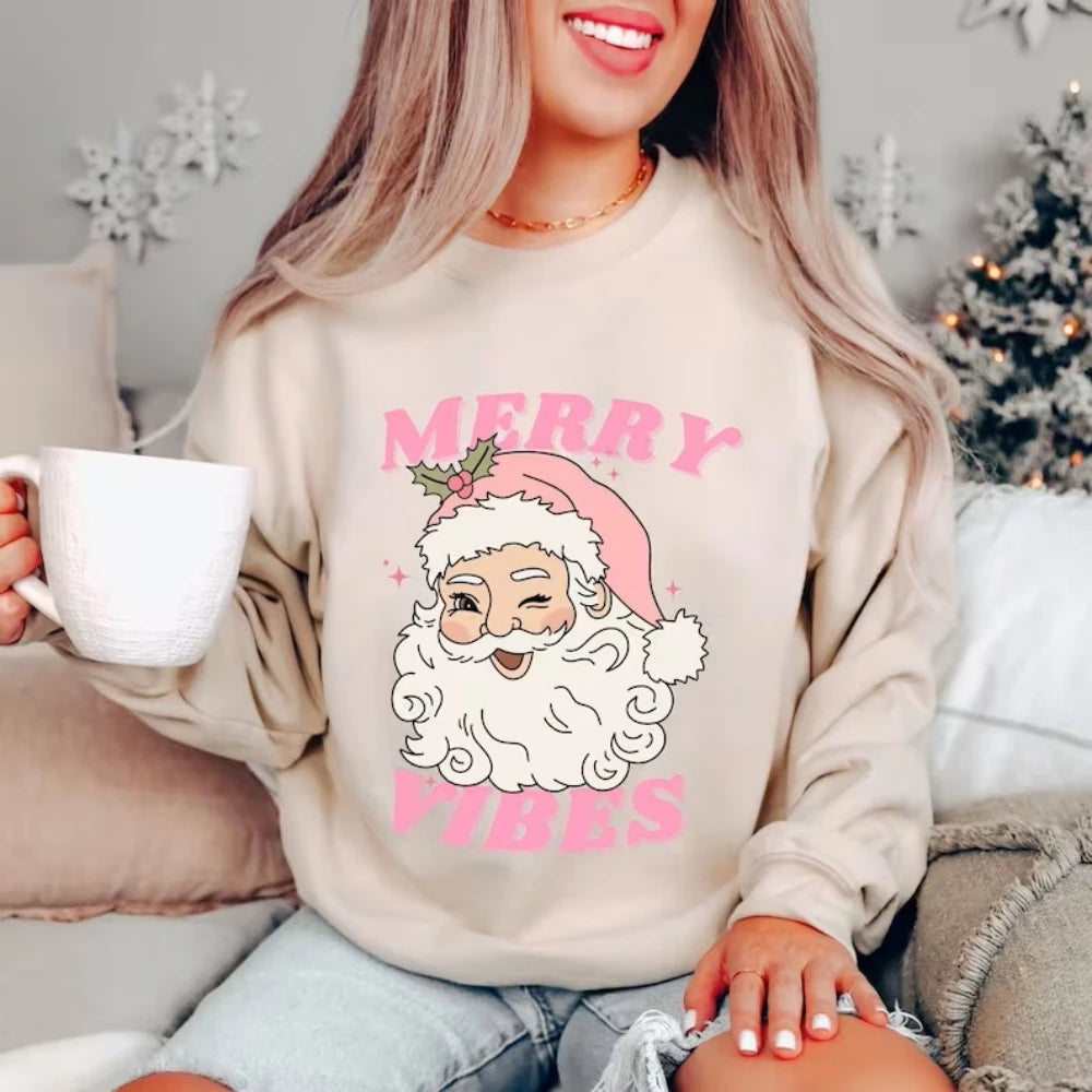 Pink Holiday Season Merry Vibes Cute Funny Kawaii Xmas Santa Christmas Hoodie