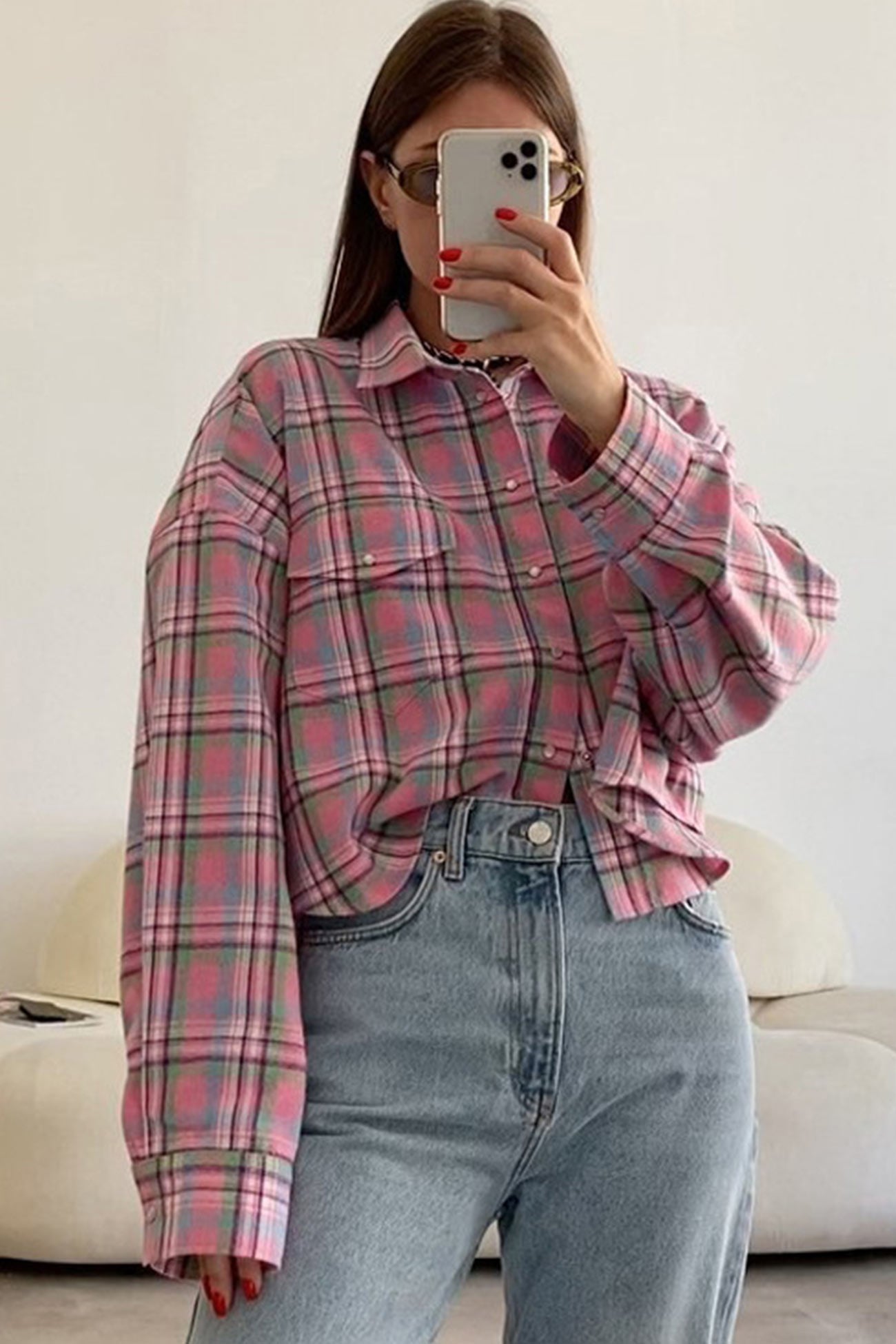 Cotton Plaid Blouse in Pink