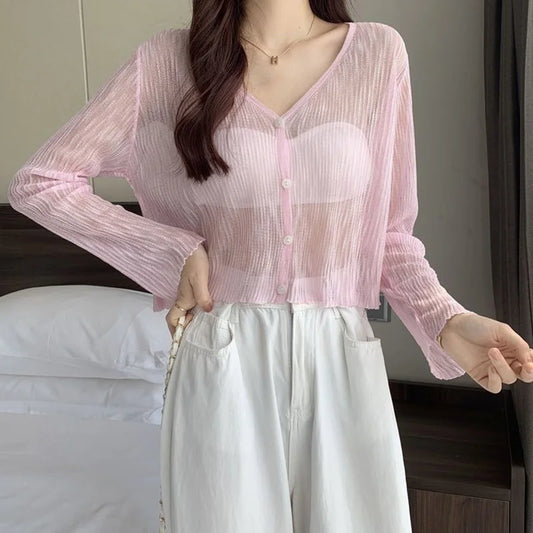 Ice Silk See-Through Thin Single Breasted Pink Knit Cardigan