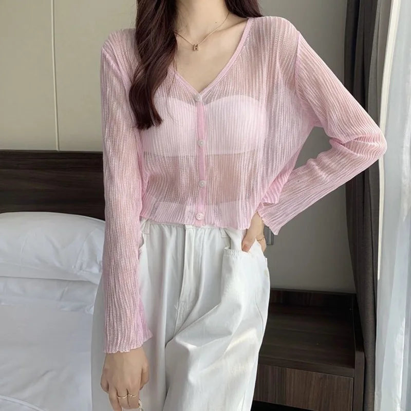 Ice Silk See-Through Thin Single Breasted Pink Knit Cardigan cardiagn-250126