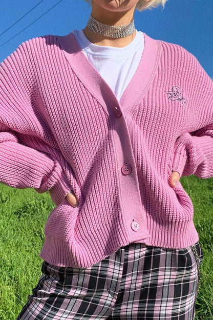 Pink Embroidered Button-Front Cardigan