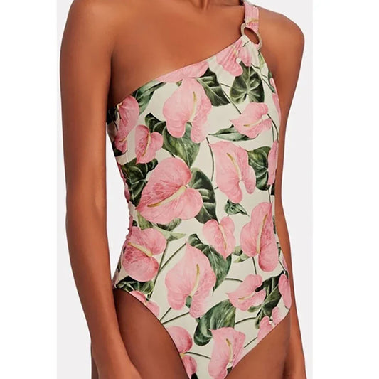 Pink Printed One Shoulder Tie One Piece Swimsuit onepiece-250223