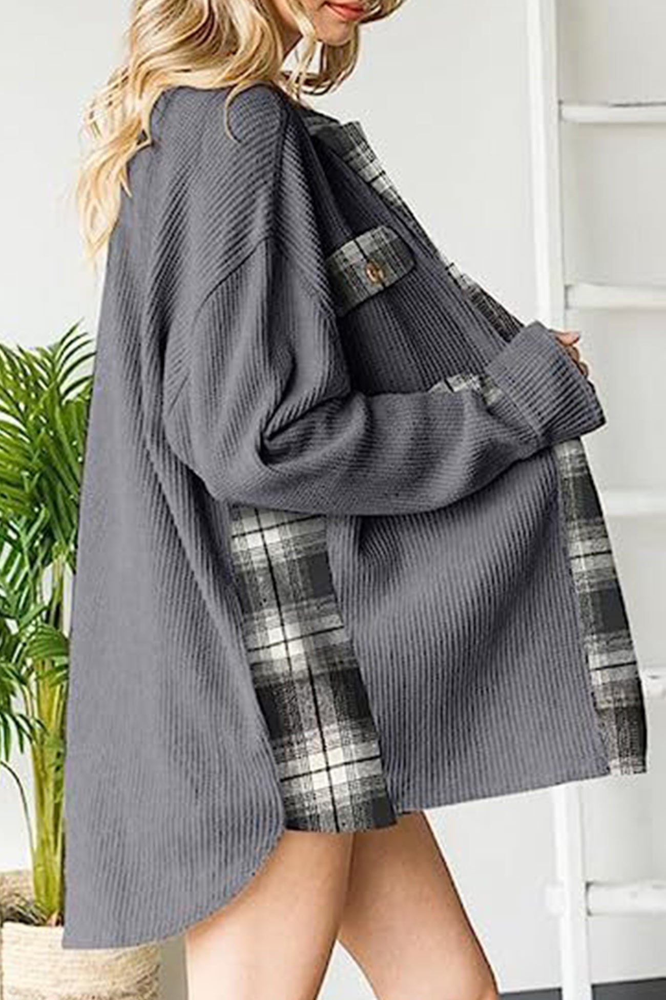 Patchwork Plaid Blouse with Irregular Hem