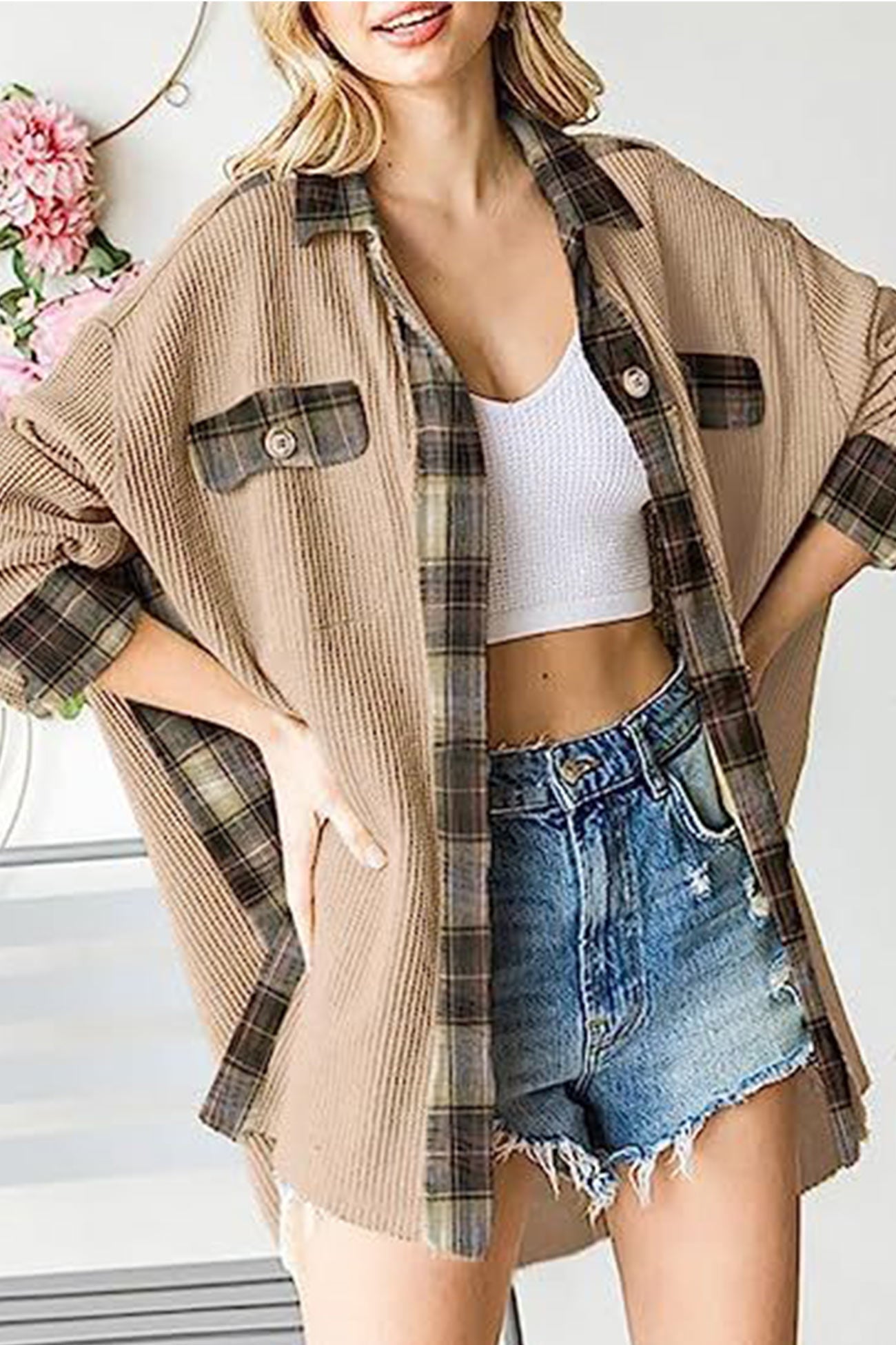 Patchwork Plaid Blouse with Irregular Hem