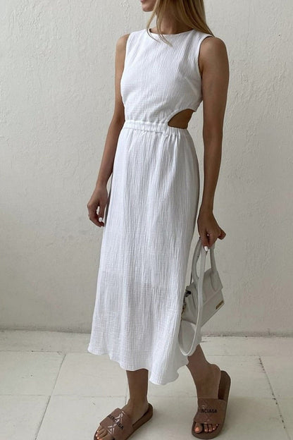 Pleated Tank Dress with Single-breasted Closure and Bare Waist