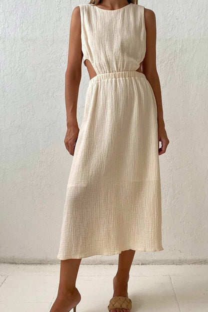 Pleated Tank Dress with Single-breasted Closure and Bare Waist