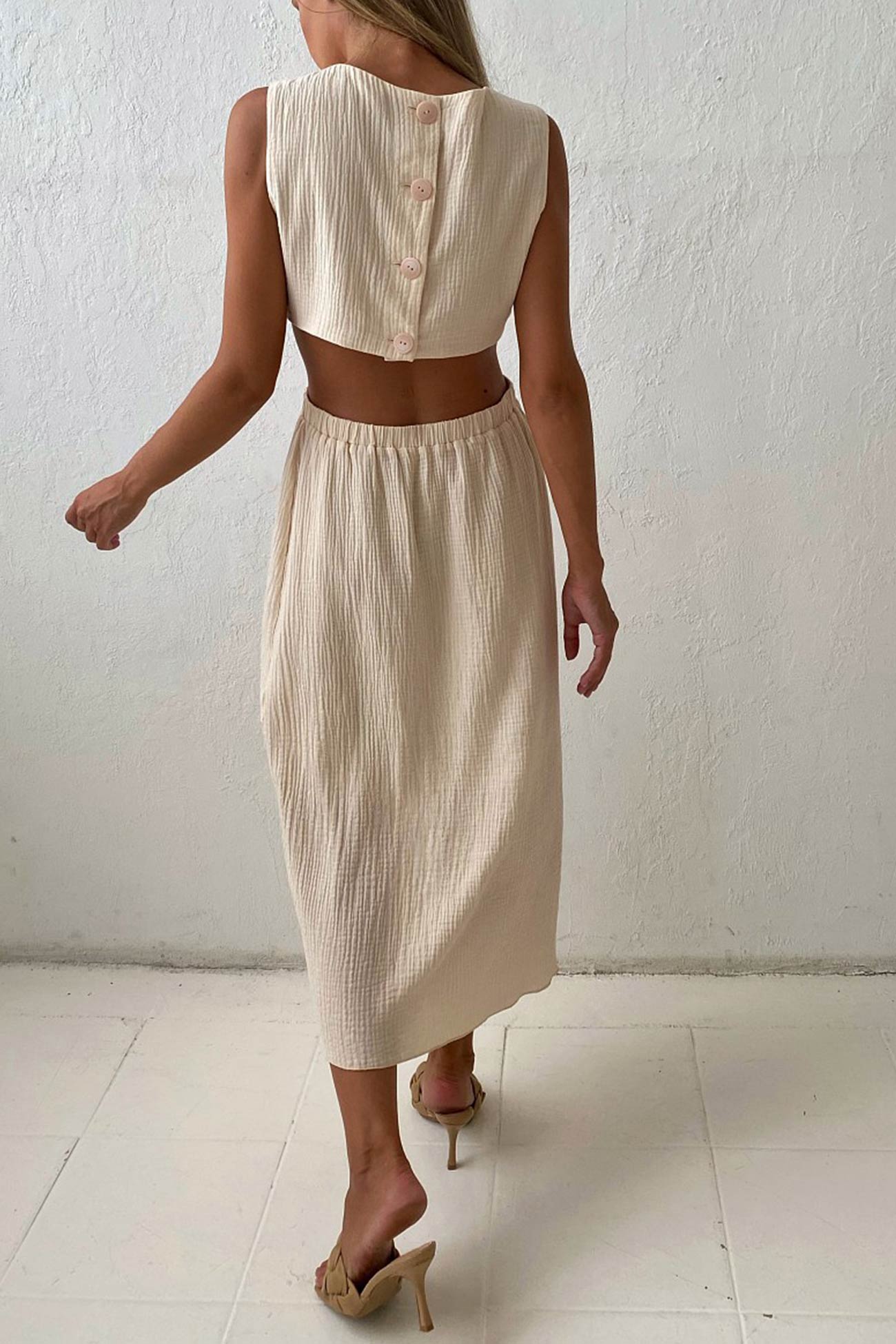 Pleated Tank Dress with Single-breasted Closure and Bare Waist