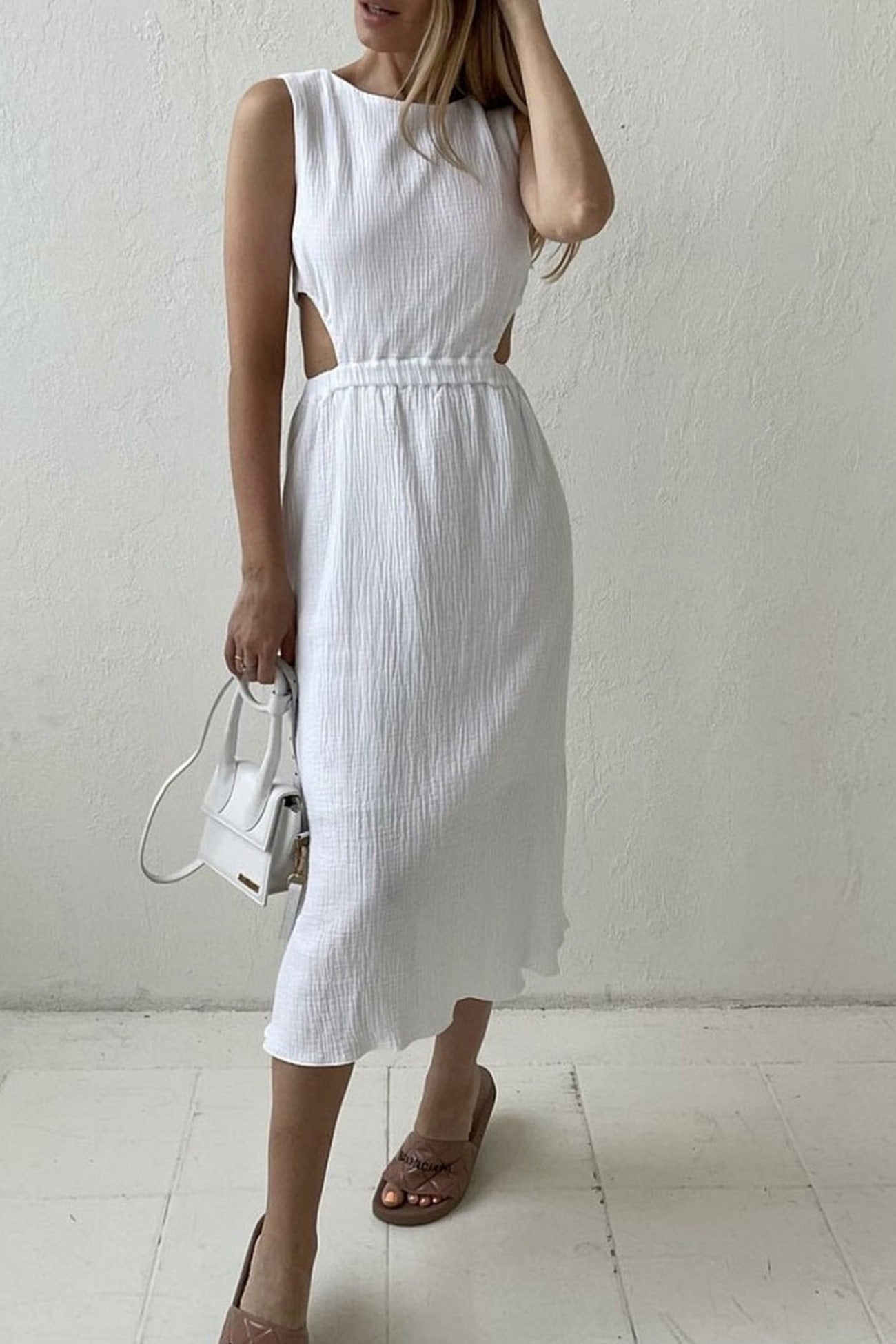 Pleated Tank Dress with Single-breasted Closure and Bare Waist