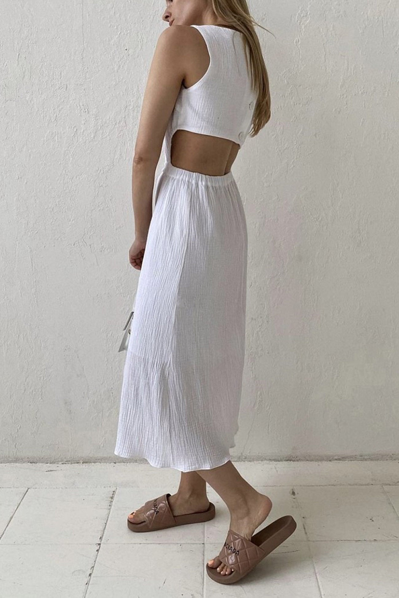 Pleated Tank Dress with Single-breasted Closure and Bare Waist