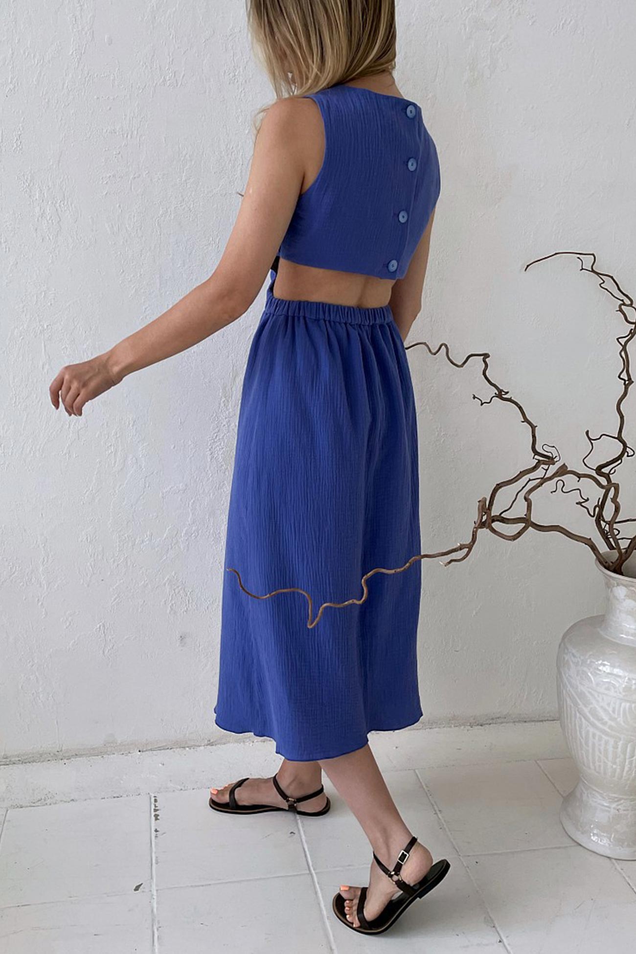 Pleated Tank Dress with Single-breasted Closure and Bare Waist