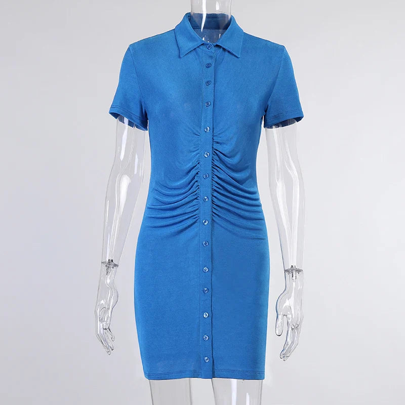 Single-breasted Blue Short-sleeved Splicing Lapel Short Casual Bodycon Dress