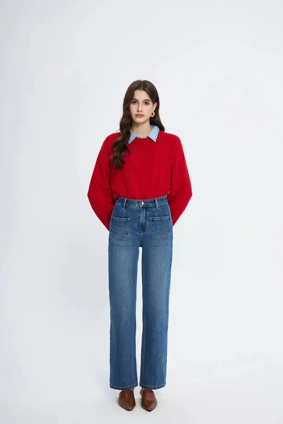 Pockets Women Temperament High Waist Straight Denim Pant Females Vintage Simple Streetwear Washed