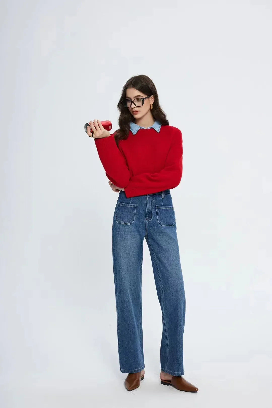 Pockets Women Temperament High Waist Straight Denim Pant Females Vintage Simple Streetwear Washed