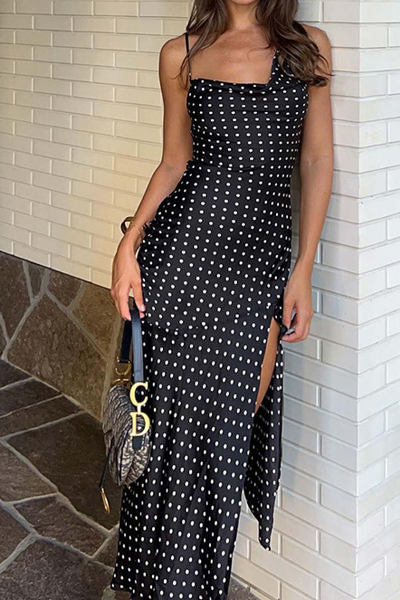 Cowl Neck Slit Dress with Polka Dots