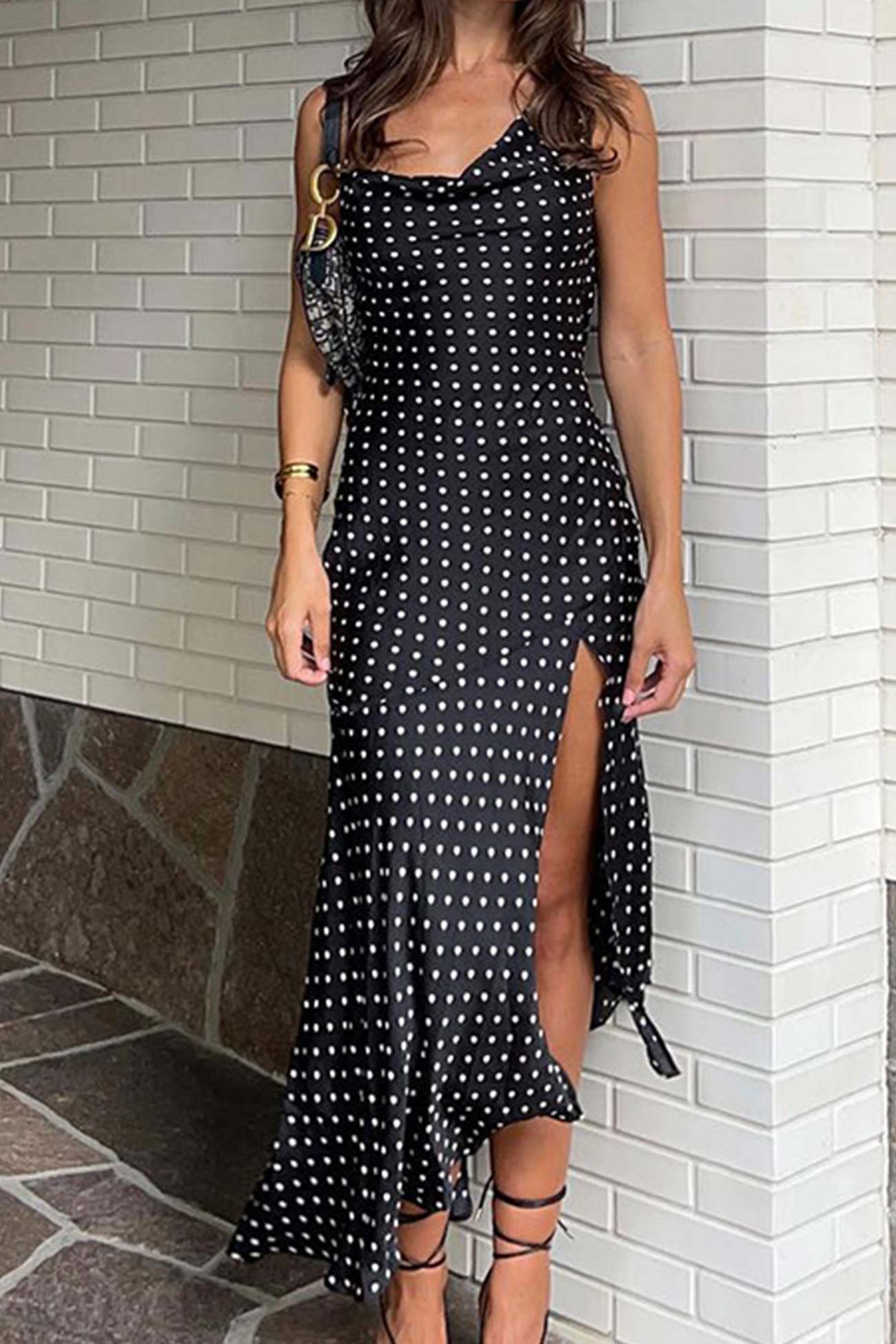 Cowl Neck Slit Dress with Polka Dots