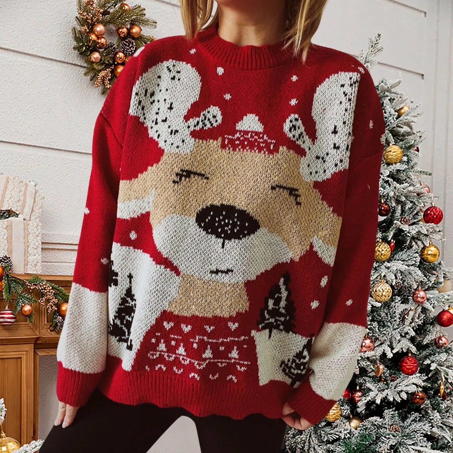 Elk Snowflake Pattern Christmas Sweater - Long Sleeve Loose Knit