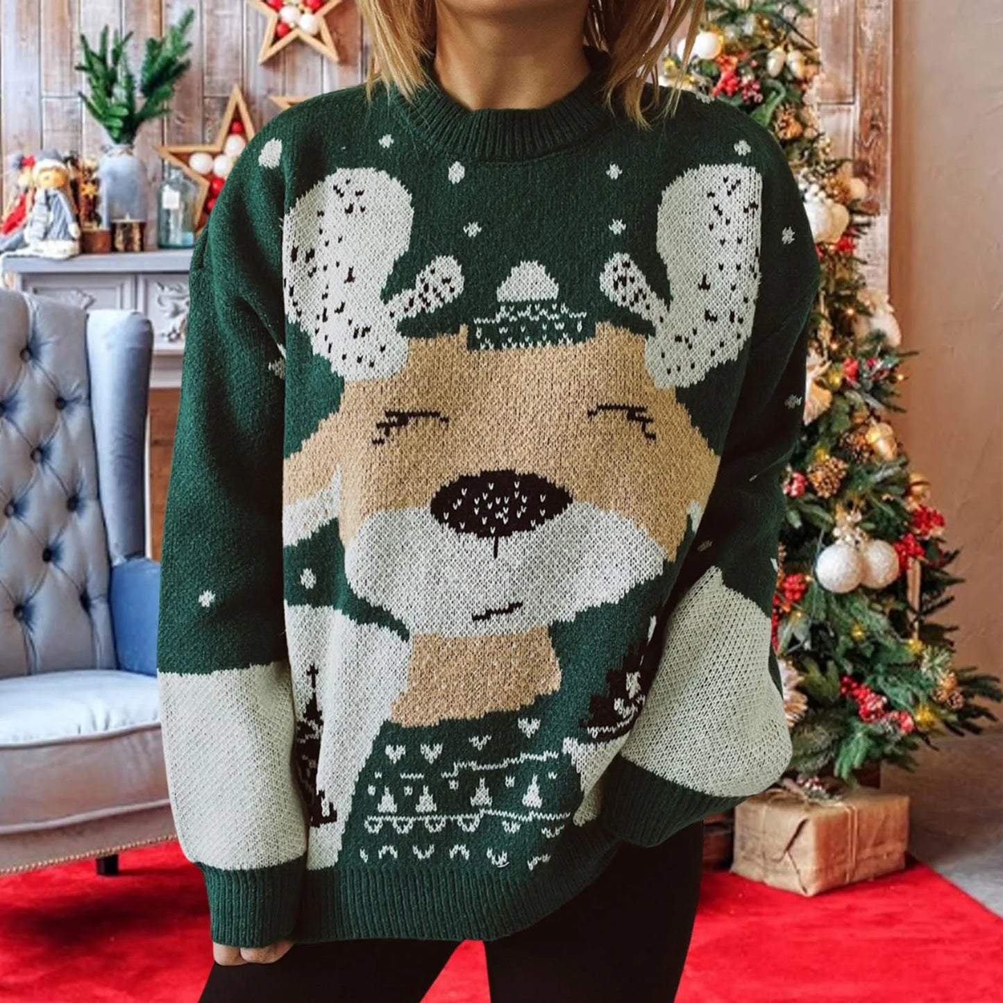 Long Sleeve Elk Snowflake Pattern Loose Knit Christmas Sweater