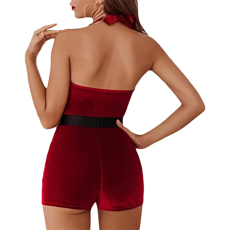 Sleeveless Faux Fur Trim Halter Backless Slim Christmas Costume