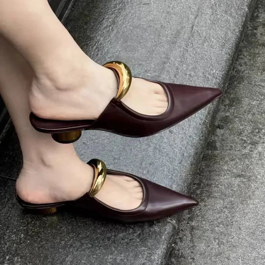 Punk Gothic Metal Buckle Low Heels Sandals Women - 2024 New Pointed Toe Thick Heeled Summer Slippers Woman Platform Muller Shoes