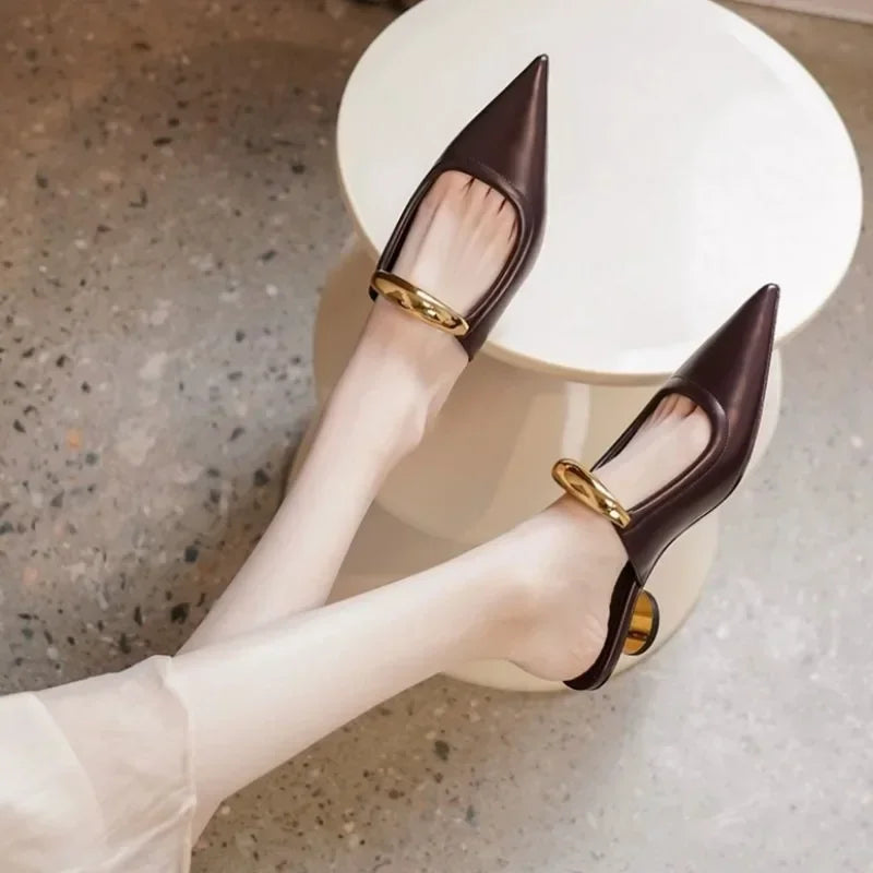 Punk Gothic Metal Buckle Low Heels Sandals Women - 2024 New Pointed Toe Thick Heeled Summer Slippers Woman Platform Muller Shoes