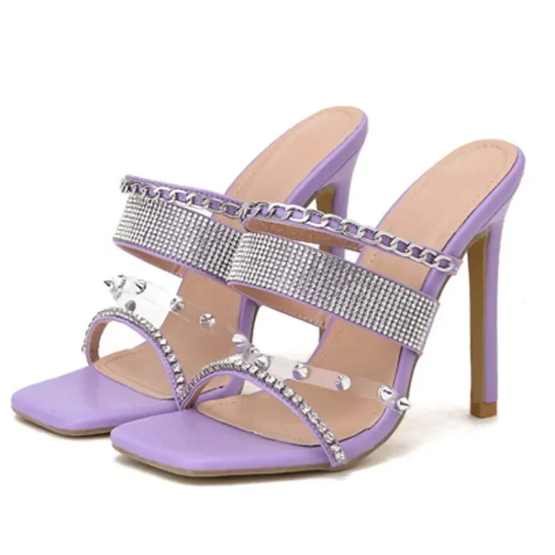 Purple Transparent PVC Band Rivet Women's Square Head Peep Toe Rhinestone High Heel Sandals