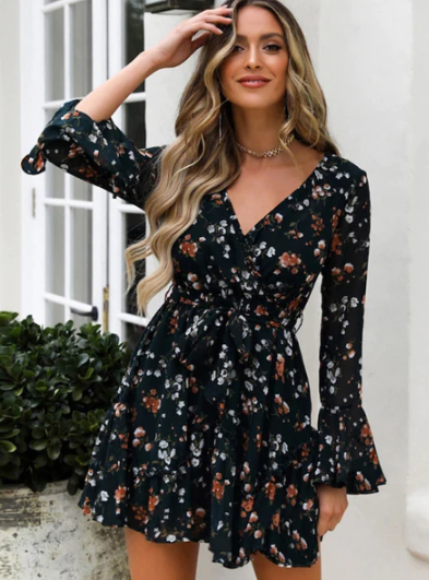 Floral Print V-Neck Belt Mini Dress with Ruffle Flared Long Sleeves