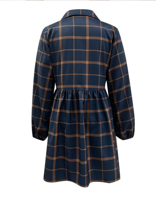 Navy V Neck Plaid Prints Buttons Casual Sweet Dress For Women Dresses