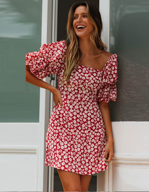 Square Collar Red Floral Print Dress Women Short Puff Sleeve Boho Mini Dress