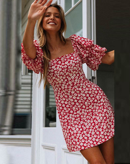 Square Collar Red Floral Print Dress Women Short Puff Sleeve Boho Mini Dress