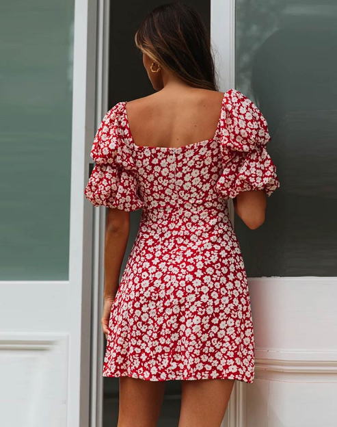 Square Collar Red Floral Print Dress Women Short Puff Sleeve Boho Mini Dress