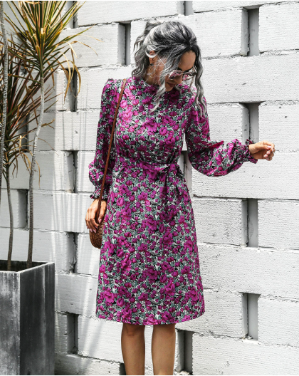 Floral Lace A-Line Skirt with Stand-Up Collar and Lantern Sleeves