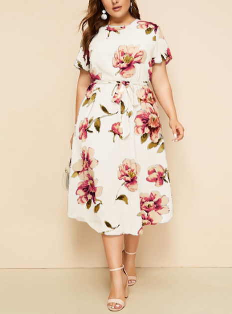 Floral Printed Loose Midi Dress with Short Sleeves