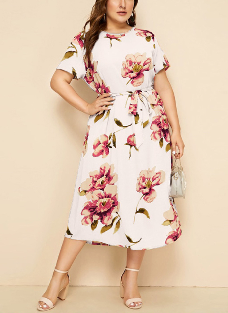 Floral Printed Loose Midi Dress with Short Sleeves