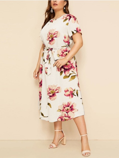 Floral Printed Loose Midi Dress with Short Sleeves