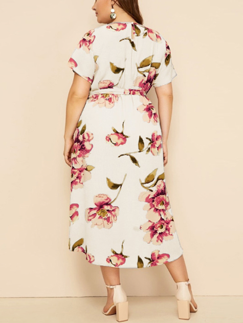 Floral Printed Loose Midi Dress with Short Sleeves