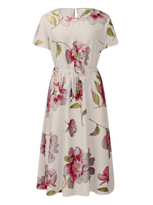 Floral Printed Loose Midi Dress with Short Sleeves