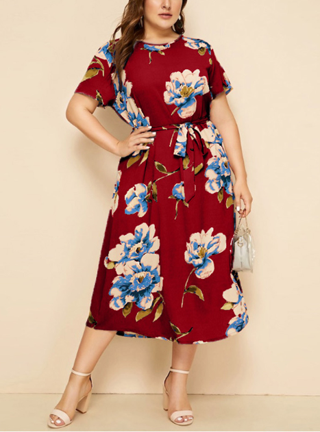 Floral Printed Loose Midi Dress with Short Sleeves