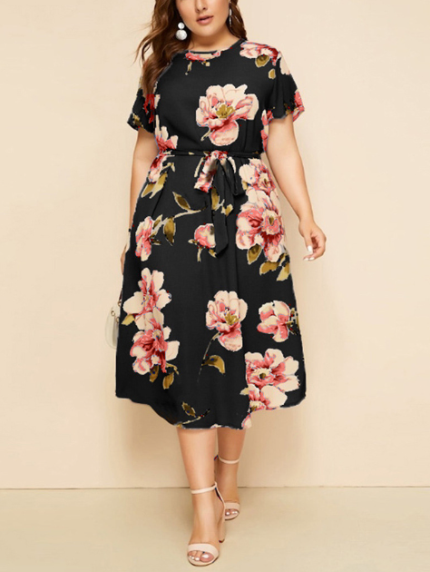 Floral Printed Loose Midi Dress with Short Sleeves