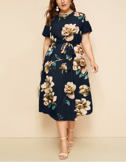 Floral Printed Loose Midi Dress with Short Sleeves