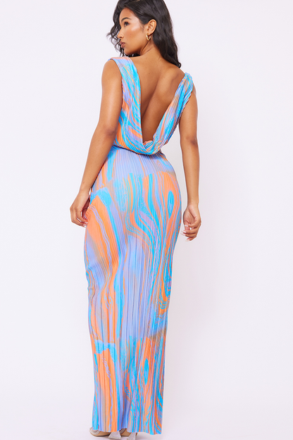 Abstract Print Plisse Charming Cowl Plunge Maxi Dress