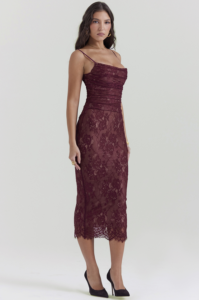 Gaia Claret Stylish Lace Midi Dress