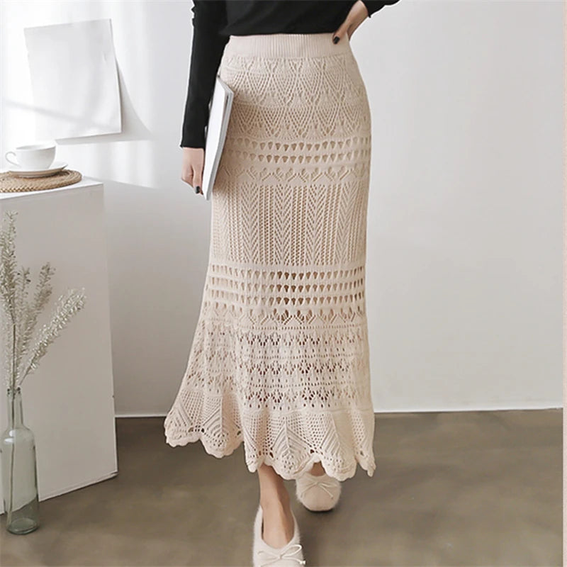 Elegant High Waist Korean Lace Crochet Sheath Wrap Trendy Feminine Skirt