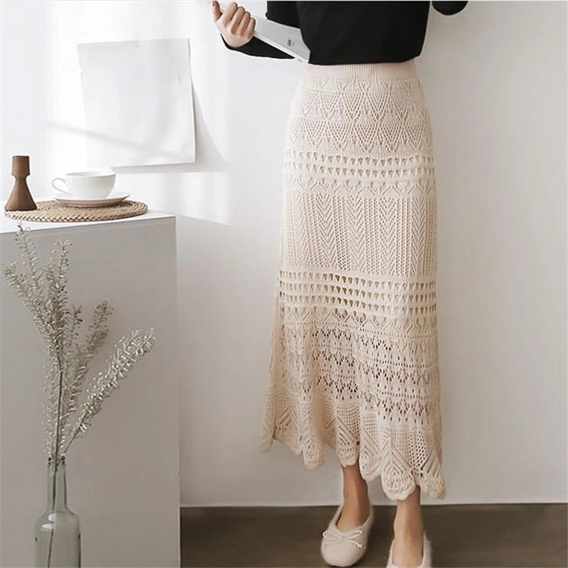 Elegant High Waist Korean Lace Crochet Sheath Wrap Trendy Feminine Skirt