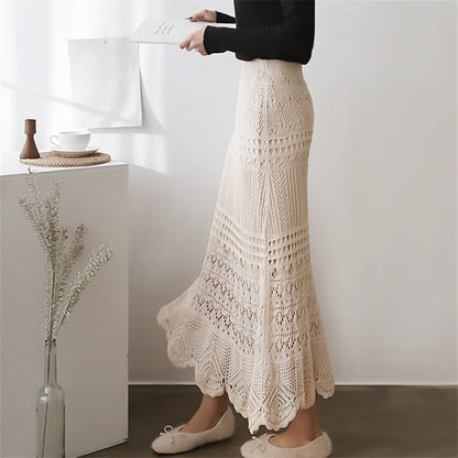 Elegant High Waist Korean Lace Crochet Sheath Wrap Trendy Feminine Skirt