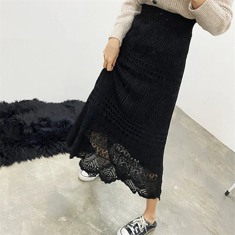 Elegant High Waist Korean Lace Crochet Sheath Wrap Trendy Feminine Skirt