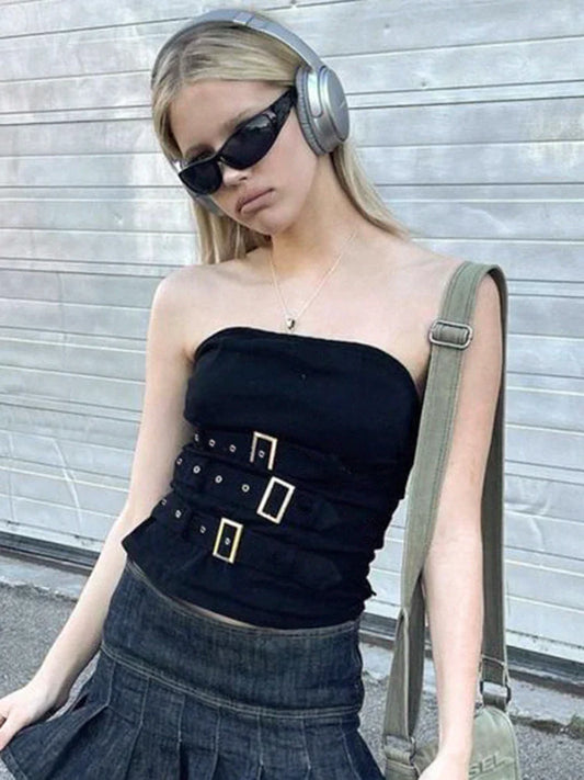 Y2K Bandage Buckle Corset Black Punk Grunge Gothic Retro Streetwear Crop Top