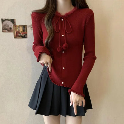 Red Christmas Solid Bow Drawstring Elegant Slim O-Neck Warm Christmas Sweater