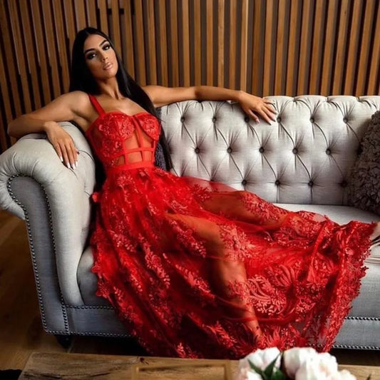 Red Color Celebrity Fashion Sleeveless Sexy Backless Lace Long Dress Christmas Party Dress