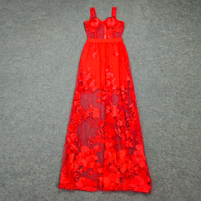 Red Color Celebrity Fashion Sleeveless Sexy Backless Lace Long Dress Christmas Party Dress